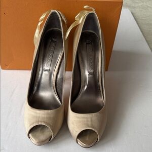 BCBGMaxAzria Cream Satin Peep-Toe Heels